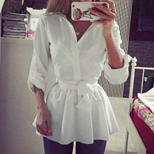 Women Fashin Casual Long Sleeve Elastic High Waist Strong Chiffon Mini Shirt Clothe With Belt