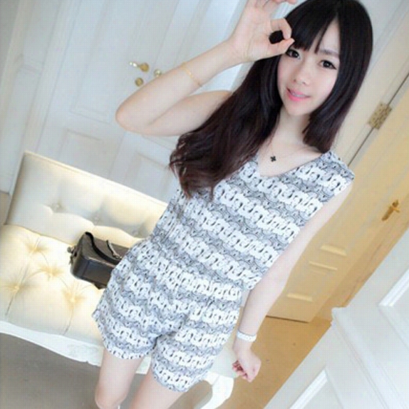 Women  Fashion Casuql V Eck Sleeveoess Elasitc Waist Print Shodt Playsuit Jumpsuit