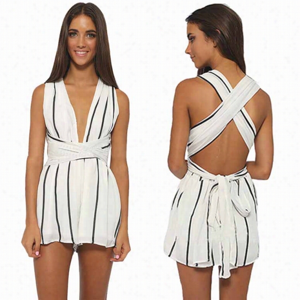 Women Fashion Sexy Chiffon Dee P V Neck Sleeveless Backless Back Cross Strp Stripe Short Playsuit Jumpsuit