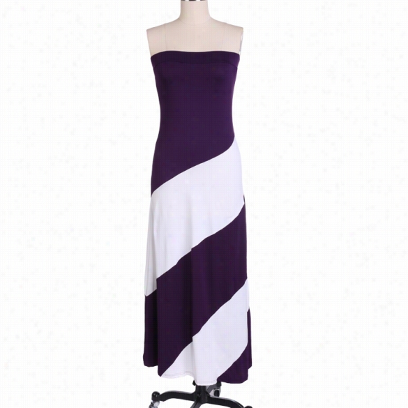 Women Fashion Sexy Strapless Sleeveless Backlesss Patchwork Stripe Contrast Color Maxi Long Dress