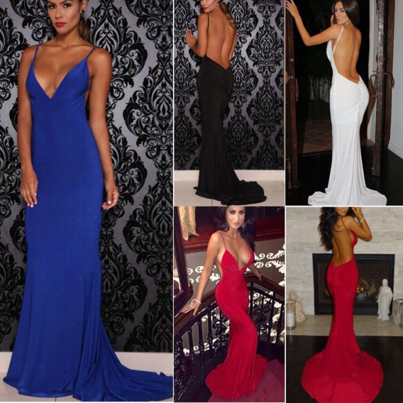 Women Fwshion Sexh V Neck Backless Strap Mermaid Trumpet Style Solid Party Eve Maxi Long Dress