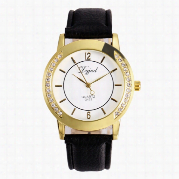 Women Fashion Synthetic Leather Large Dial Quartz Analgo Rhinestone Wrist Wait