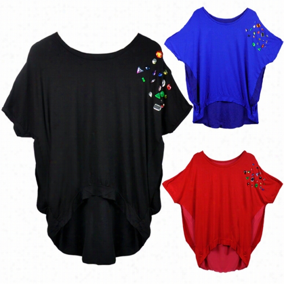 Women Layd Round Neck Rhhinestone Embellished Short Sleeve Loose Tops Blouset -shirt