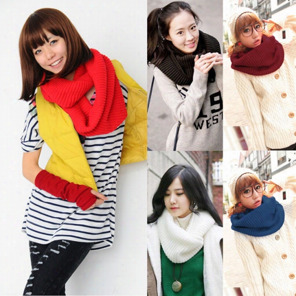 Women Man Winter Warm 2 Circle Cable Knjt Cowl Neck Long Scarf Shawl