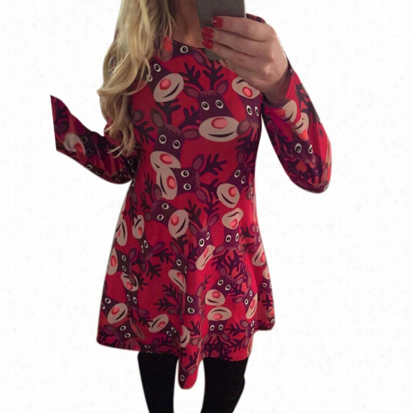 Women Xmas Santa Patry Swing Flared Dress Christmas Long Sleeve Beast Print