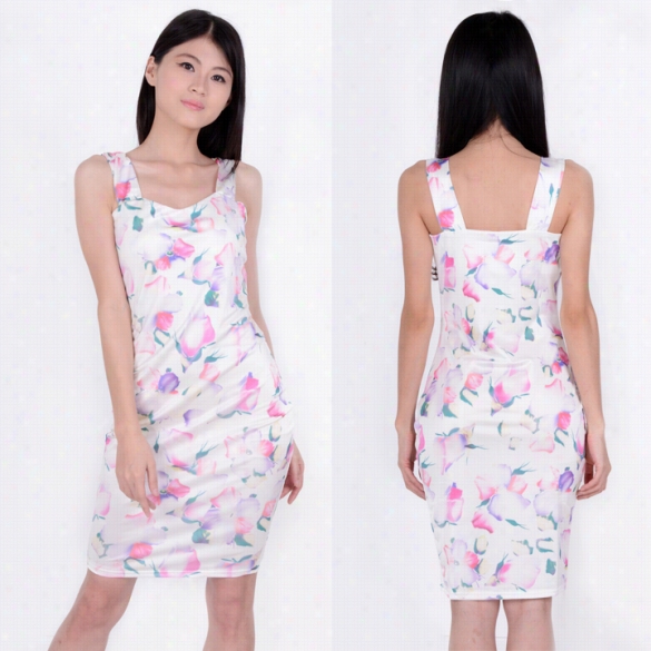 Women's  Sexy Sleeveless Flower Printing  Bodycon Bandage Dress Sundress Club Party Dress