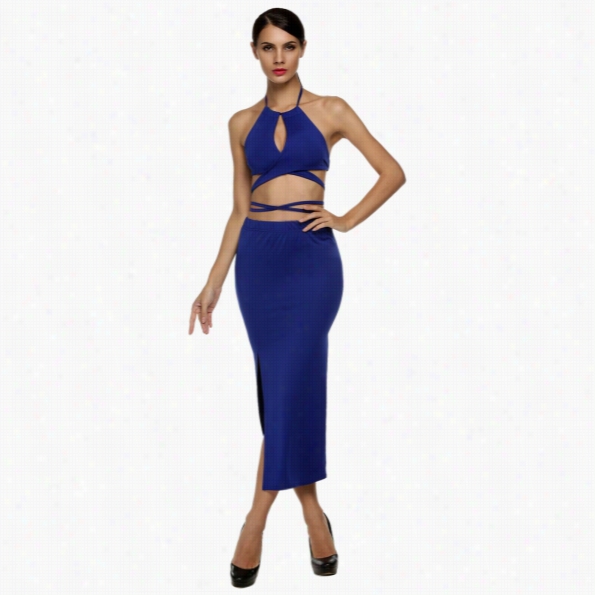 Zeagoo Women Sexy La Dy Solid Club Beach Dress Seth Alter Strap Backless Bandage Crop Top + Long Slit Bodycon D Ress