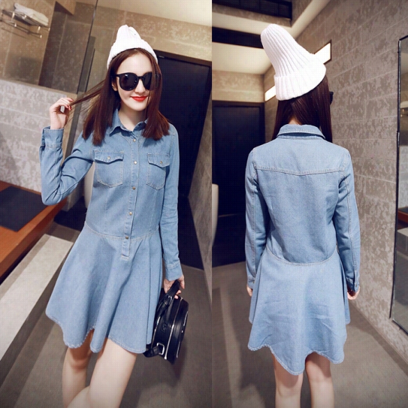 2015 Newest Styilsh Mistress Women Turn Down Neck Long Sleeve Fro Nt Button Pockets Denim Casual Party Slim Mini Pleated Dress