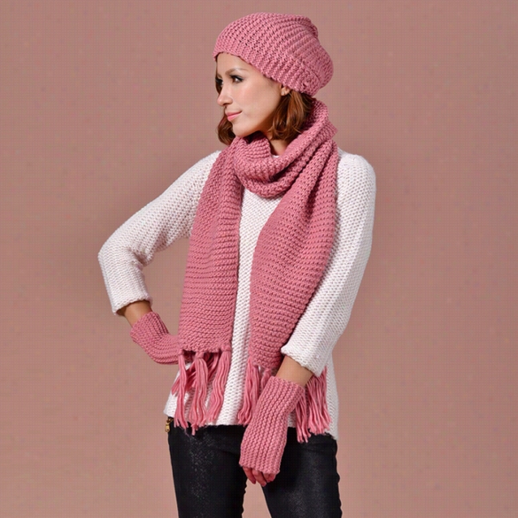 4 Colors Sytlish New  Women Pure Color Sotf War M Long Scarf + Fnigerless Gloves + Hat 3pcss Please