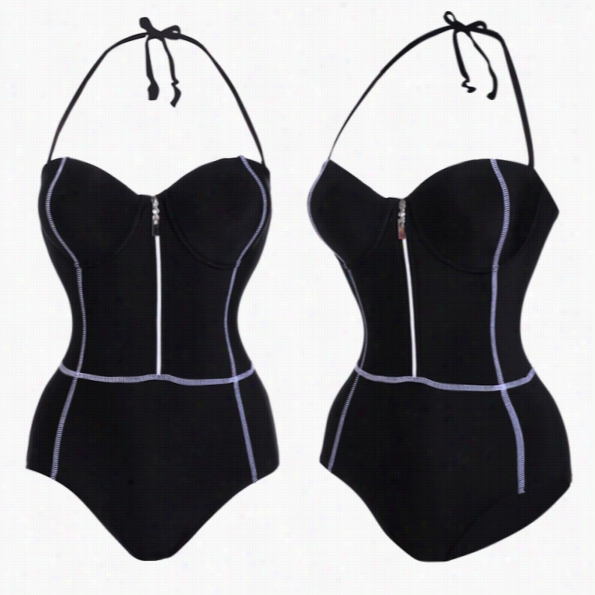 Acevog Sexy Women Halter High Waist Zipperr One Piece Swimwear Swimsuit