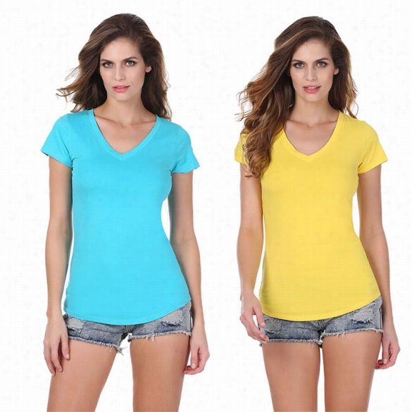 Angvns Fashion Ladies Women V Neck Short Sleeve Slim Solid Casual T-sh Irt Blouse