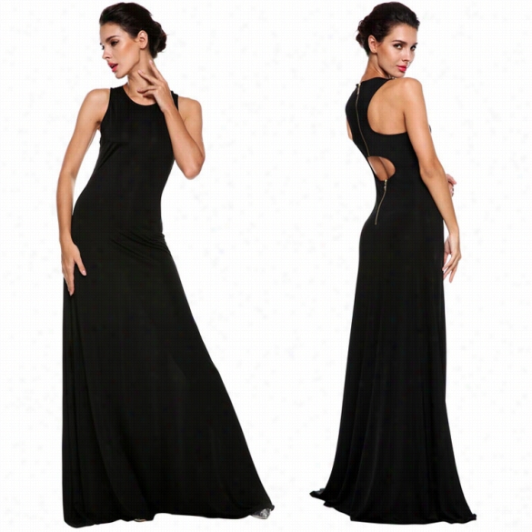 Angvns Sexy Women O-neck Sleeveless Bodycon Back Hollow Out Maxi Party Dress