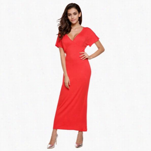 Angvns Stylish Ladies Women Casual Sexy Short Sleeve V Neck High Waist Long Full Party Evening Solid Dress