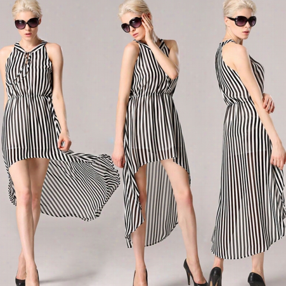 Angvns Stylish Lady Women Sexy V-neck Sleevrless Striped Irregular Hem Casual Chiffon Tunic Long Dress