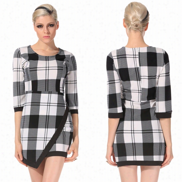 Angvns Women Office Lady Sexy Slim Dress O-neck 3"4 Sleeve High Wiast Patchwork Plaid Penci L Dress Party Evening Align