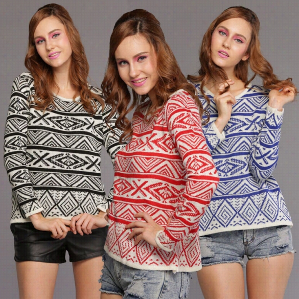 Autumn Winterr Women's Sweater Geometric Printing Top O-collar Ladies Outerwear Knitted Sweater