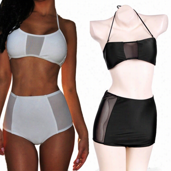 Best Sale New Stylish Women Mesh Splicing High Waist Sexy Halter Bokini Set Swimweaar Swi Msuit