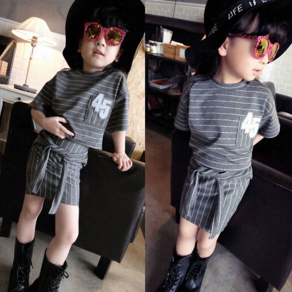 Cute Kids Girls Two Pieces Fashion Korean Style O-neck Short Sleeve Stripe T-shirt And Elastic Waist Skirt