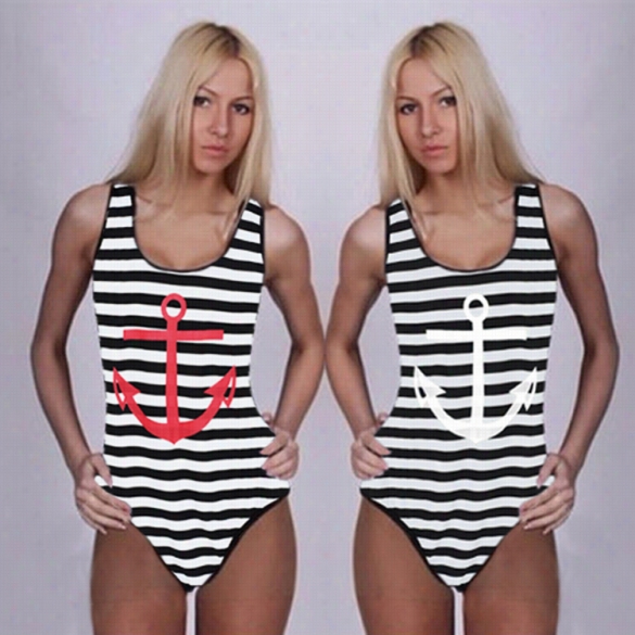 European Style Way New Women  Stripe Anchor Pattern One-piece Swimsuit