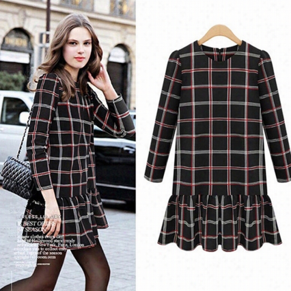 European Women Long Sleeve Grid Plaids Checks Rew Neck Pullover Dress Leisure Peplum Tunic Dresses