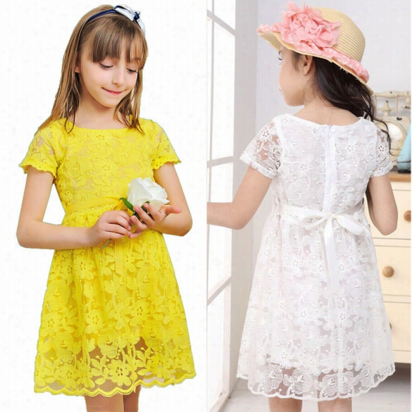 Fashion Baby Kids Childrdn Girl Round Neck Shor Sleeve Floral Lace Solid Pletaed A-line Dress