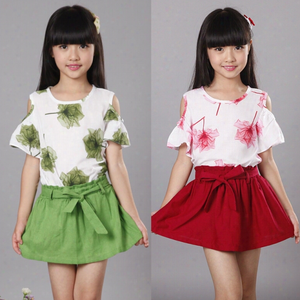 Fashion Kids Lass's Weaf Two Pieces Leaf Print Off Shoulder Tops And Dress Set