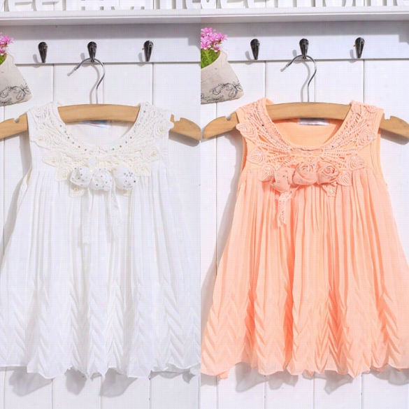 Fashion Korean New Kids Girl's O-neck Sleeveless Pleated Applique Bling Tank Dress