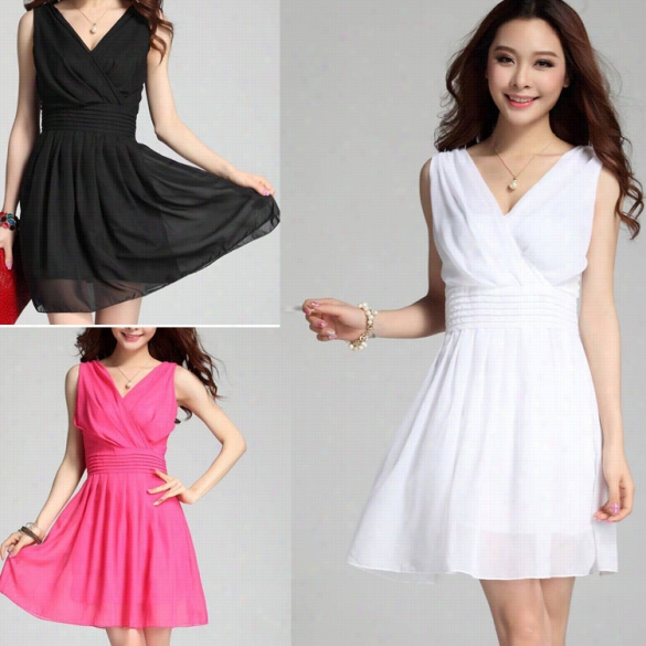 Fashion Ladies Women Deep V Neck Sleeve Less Casual Cocktail Party Cihffon Dress