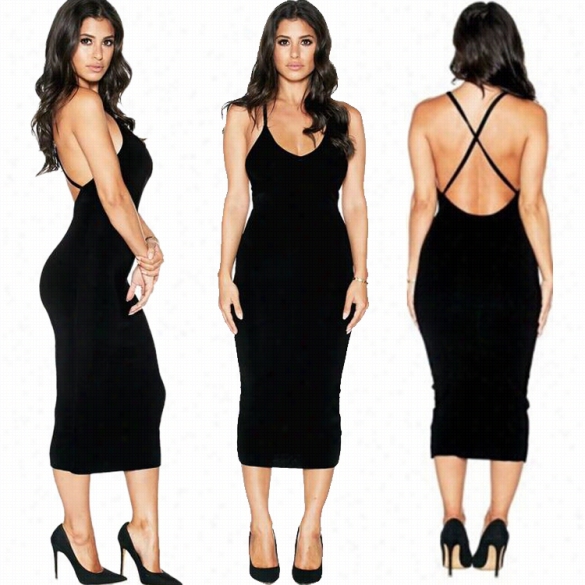 Fashion Ladies Women Sexy V-neck Cross Strap Backless Package Hip Ccktail Pencil Dress