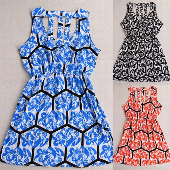 Fashion  Ladies Women Sleeveless Sundress Floral Hollow Out Elastic Waist Slim Casual Dress