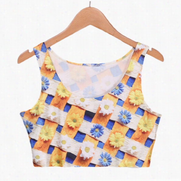 Fashion Sexy Women Craw Top Vets Sleeveless Chrysanthemum Print Shitr Top Camisole