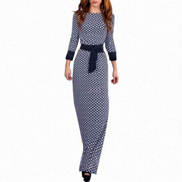 Fashion Women3"4 Sleev Ehigh Waist Geometric Print Casual Party Evening Full Maxi Dress Through  Belt