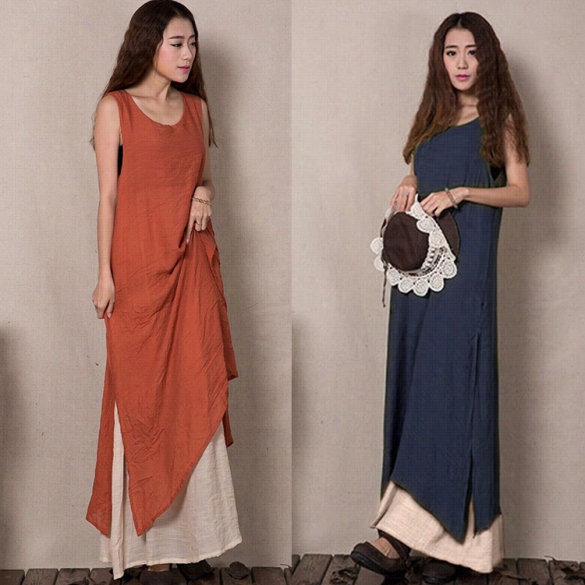 Fashion Women Casual Loose O--neck Sleeveless Braid Together  Side Split Maxi Dress