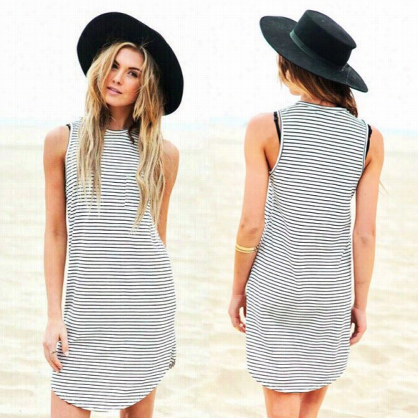 Fashion Women Casualo -neck Sleeveless Sundress Stripeeds Tretch Drsss