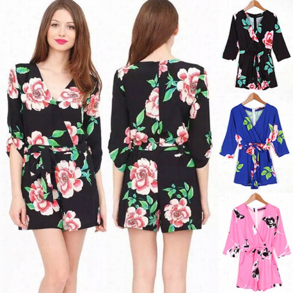 Fashion Women Casuql V-neck 3"4 Sleeve Print Complete Waist Pocket Short Jum Psuit