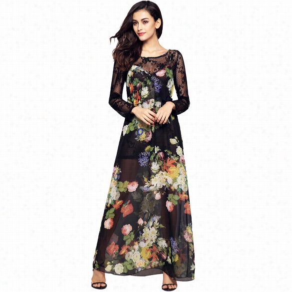 Finejo Ladies Women Sexy Starp V-neck Ruffles Floral Maxi Long Chiffon Get  And  L Ong Sleeve Lace Cover-up Sets