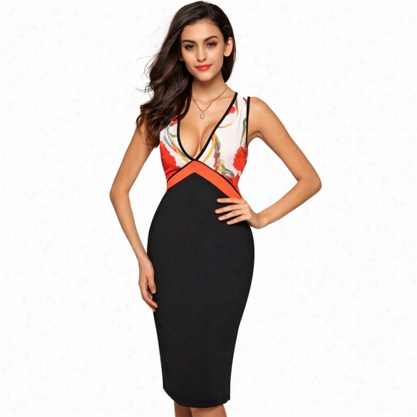 Finejo Stylish Ladies Flower Sttitching Deep V Neck Slim Bodycon Casual Pencil Dress