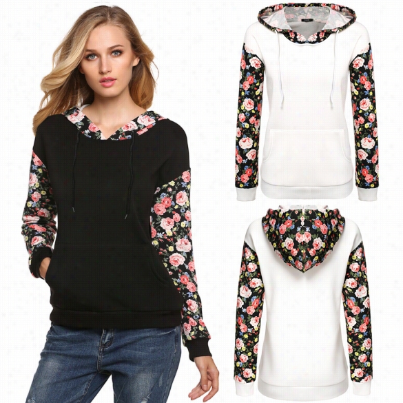 Finejo Women Fashion Casual Hooded Long Sleeve Floral Patchwork Pulloverf Leece Hoodie