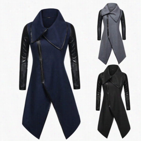 Finejo Women Fashion Lapel Long Sleeve Zip-up Faux Leather Patchwork Irregula Border Wool Blend Coat Outwear