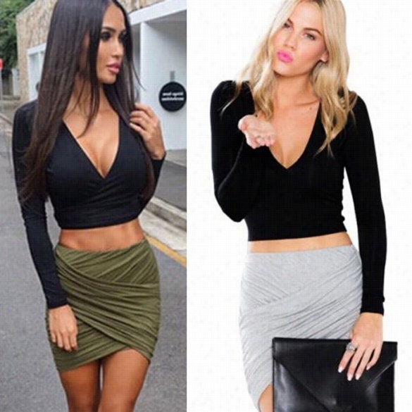 Finejo Women Sexy Lady Deep V Neck Long Sleeve Slim Solid Casual Party Crop Top