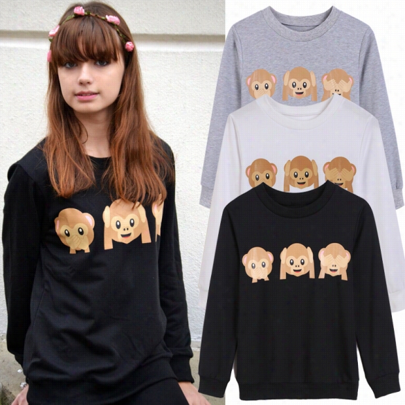 Girls Ladies Cute  Animal Emoji Print Causal Hoodie Long Sleeve Pullover Top Sweatshirt