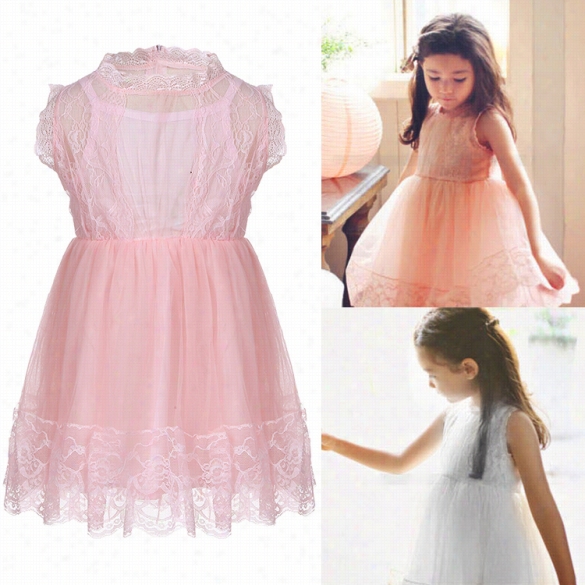 Proud Quality New Kids Girl's Wear Sleveeless Lace Patchwork Mesh Cute Dress