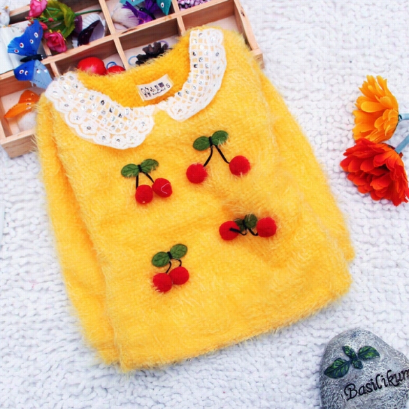 High Qualiity Winter New Arrive Red Cherry Fupl Sleeve Baby Girls  Sweater Thick Knit Tops