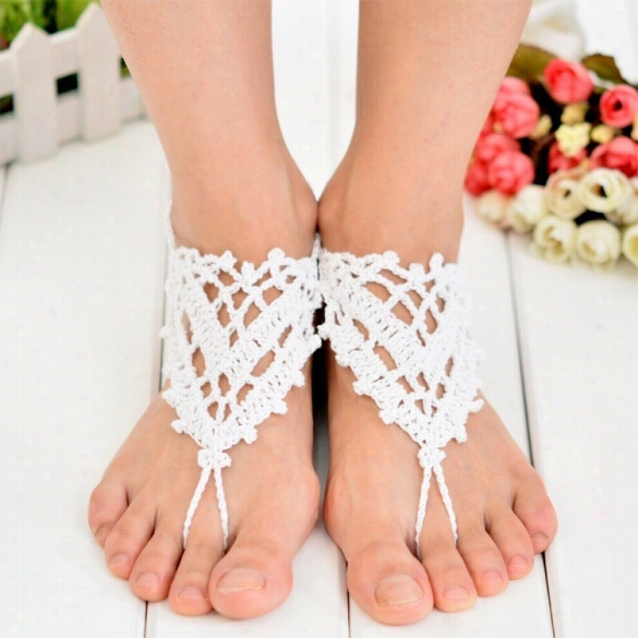 Hot Fashion Women Hand-made Knit Crochet Hololw Out Hearts Lace Up Beach Casual Anklets