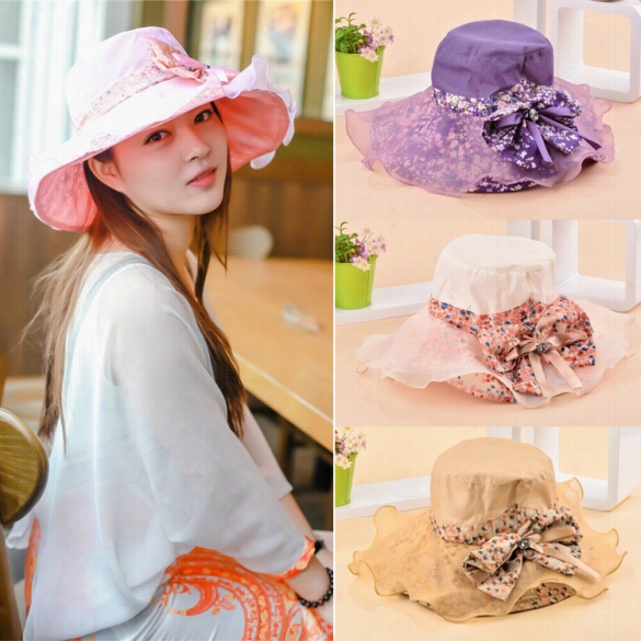 Hot Women Packabe Floral Flower Large Beach Sun-shade Sunscreen Cap Bow Decor Bewch Hat