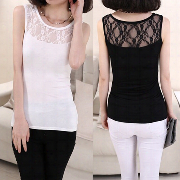 Hot Women Sleeveless Lace Patchwork Stretch Bodycon Casual Sports Tank To Ps Vest
