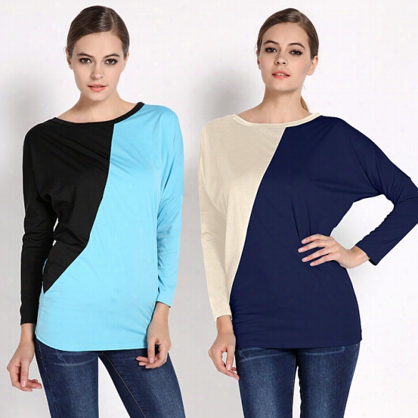 Hot Women'wc Ontrast Coolr Batwing Sleeve Kimono Round Neck Tops Blouse