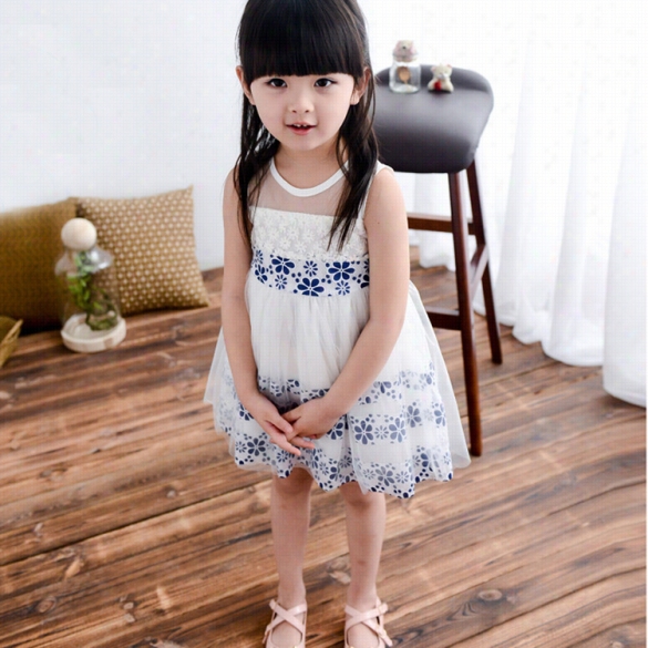 Kids C Hildre Nbaby Girl Fashion Round Neck Sleeveless Embroidery Sheer Esh Stitching Flower Print Puff Dress