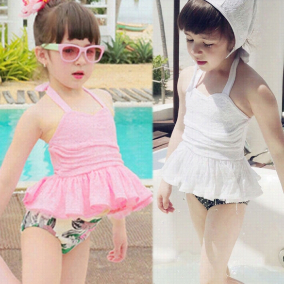 Kids Children Girl Wear 3pca Lace Swimsuit Halter Backless Swimwear Beachwear Dress And Briefs And Showeer Cap