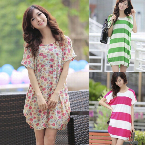 Korean Fashion Women Casual Loose Short Sleeve O-neck Stripe Printed Mini Dress